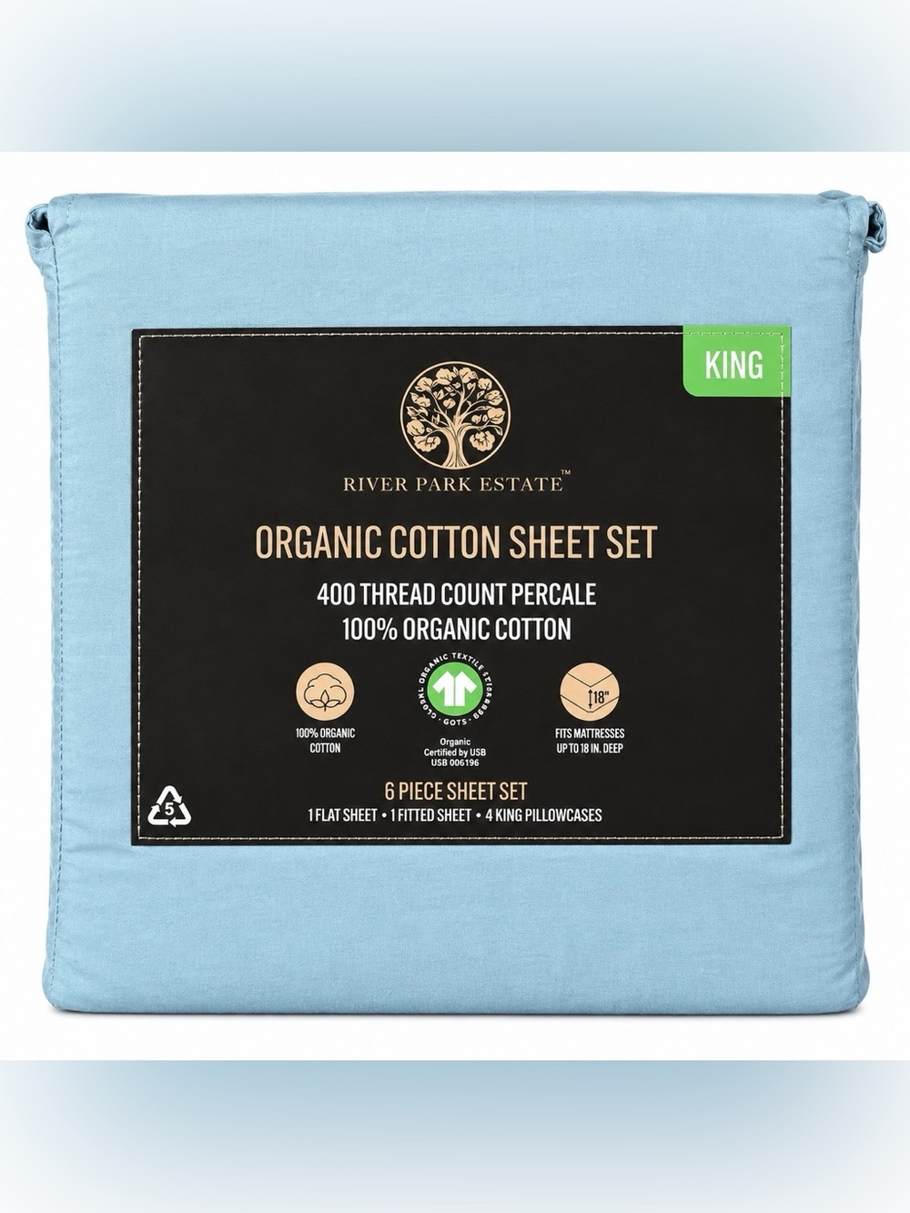 River Park Estate King Organic Cotton Percale Sheet Set Blue 6 Piece